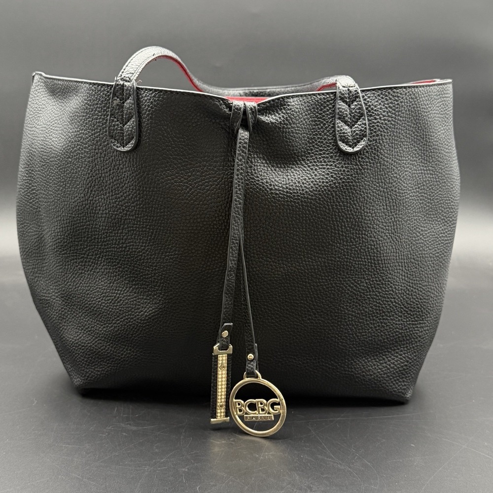 BCBG Paris Women Large Tote Bag Black Pebbled Vegan Leather Shoulder Purse Charm